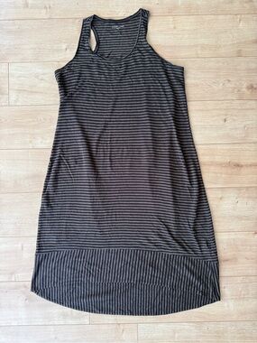 Eileen Fisher Black Gray Stripe 100% Linen High Low Midi Tank Dress M